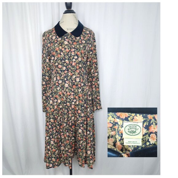 Vintage Laura Ashley Dress Large Blue Midi Floral - Picture 1 of 10